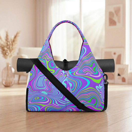 A colorful, patterned tote bag with a vibrant, swirling design in shades of purple, green, and blue, placed on a wooden surface.