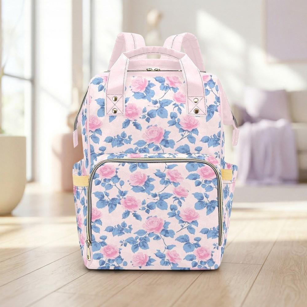 A pink and blue floral backpack is displayed on a wooden floor in a room with a window and a couch.