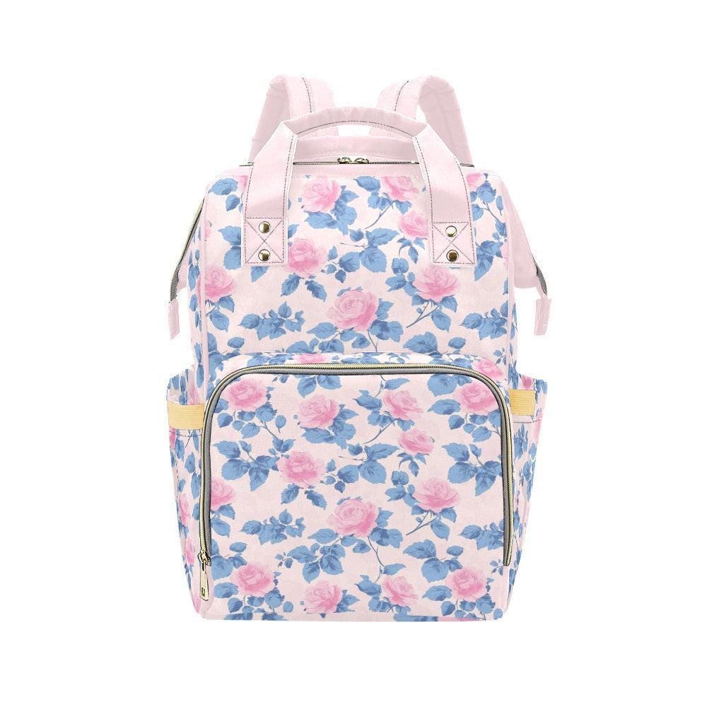 Pink Rose Floral Diaper Bag Backpack, Vintage Baby Travel Organizer, Mom Nursery Bag