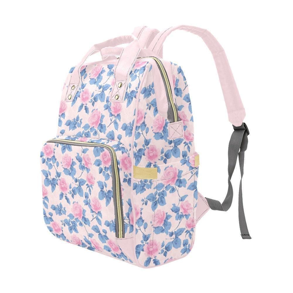 Pink Rose Floral Diaper Bag Backpack, Vintage Baby Travel Organizer, Mom Nursery Bag