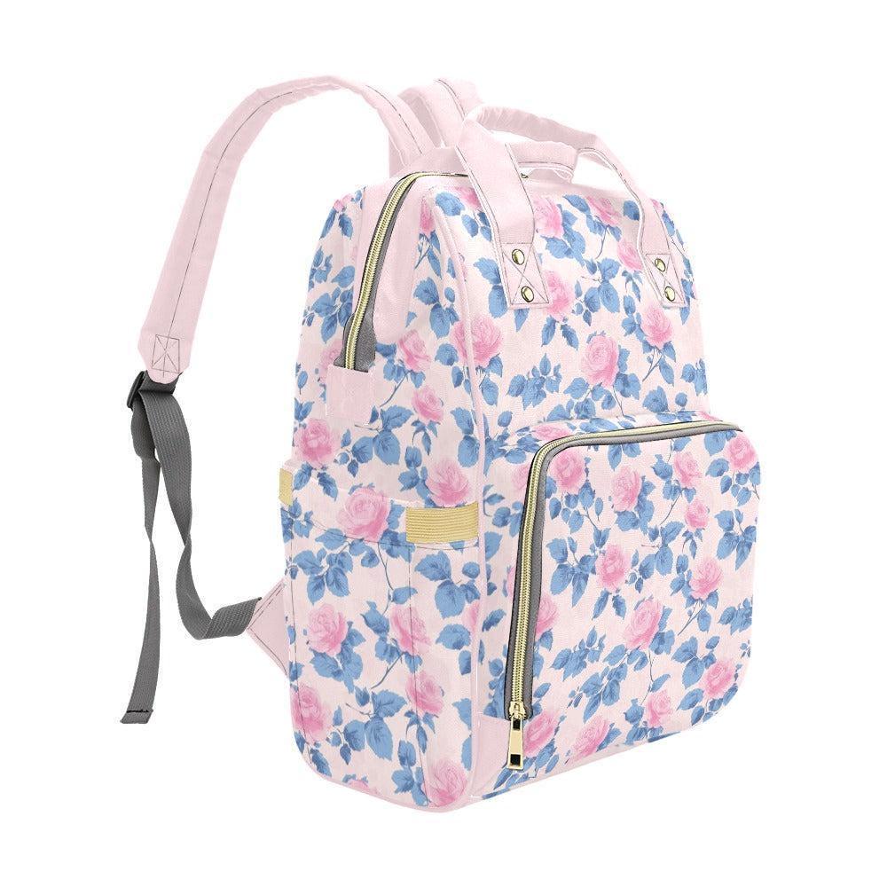 Pink Rose Floral Diaper Bag Backpack, Vintage Baby Travel Organizer, Mom Nursery Bag