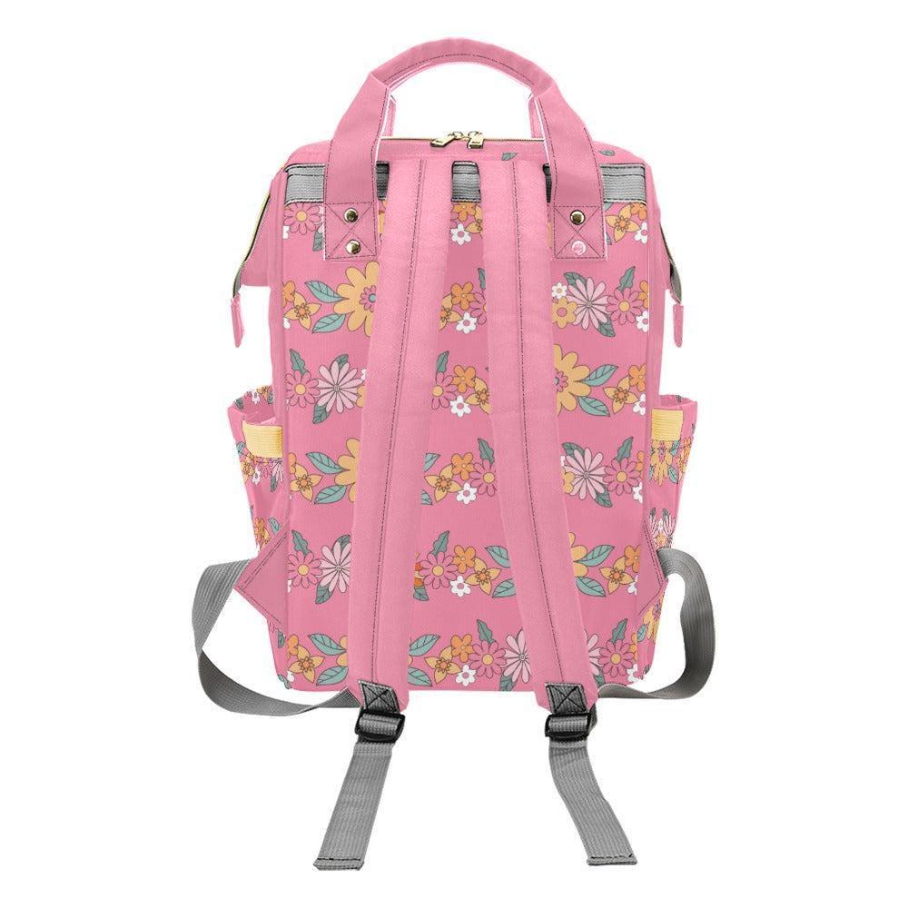 Pink Floral Diaper Bag Backpack, Retro Daisy Mom Travel Bag, Nursery Organizer Pockets