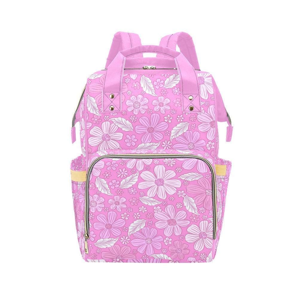 Pink Daisy Diaper Backpack, Retro Floral Baby Travel Organizer, Stroller Ready Nursery Pack