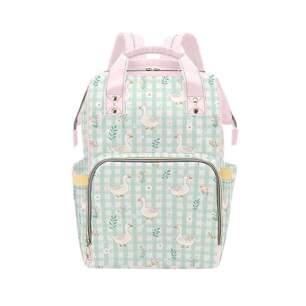 Goose Diaper Bag Backpack, Mint Gingham Nursery Bag, Cottagecore Baby Travel Pack