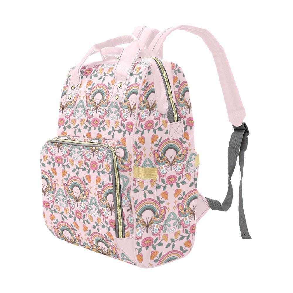 Pink Rainbow Diaper Bag Backpack, Floral Mom Backpack Baby Travel Bag