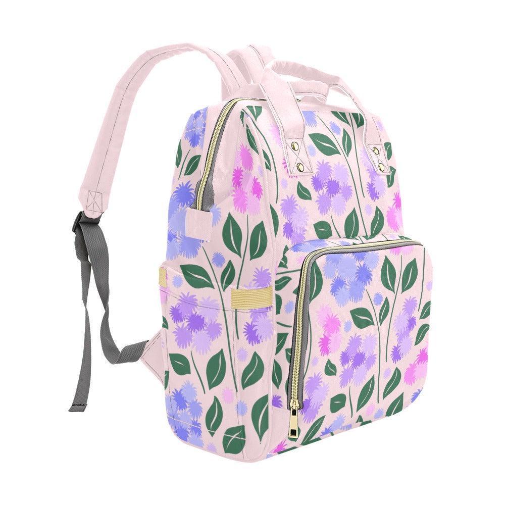 Floral Diaper Backpack, Lilac Mom Bag, Baby Essentials Organizer for Stroller Travel