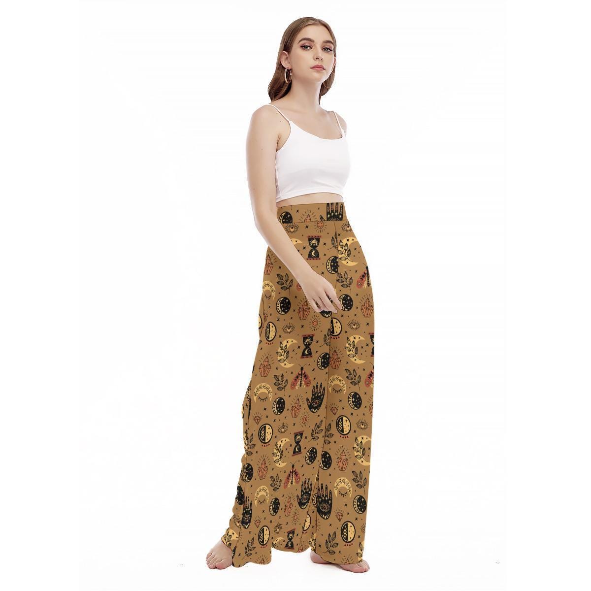 Celestial Tarot Wide Leg Trousers, Mystic Moon Moth Boho Print Lounge Wear