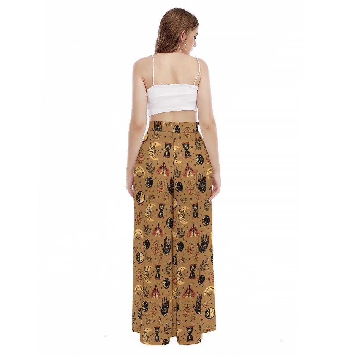 Celestial Tarot Wide Leg Trousers, Mystic Moon Moth Boho Print Lounge Wear
