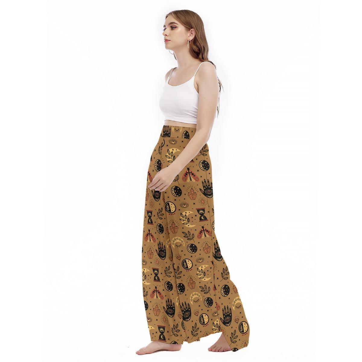 Celestial Tarot Wide Leg Trousers, Mystic Moon Moth Boho Print Lounge Wear