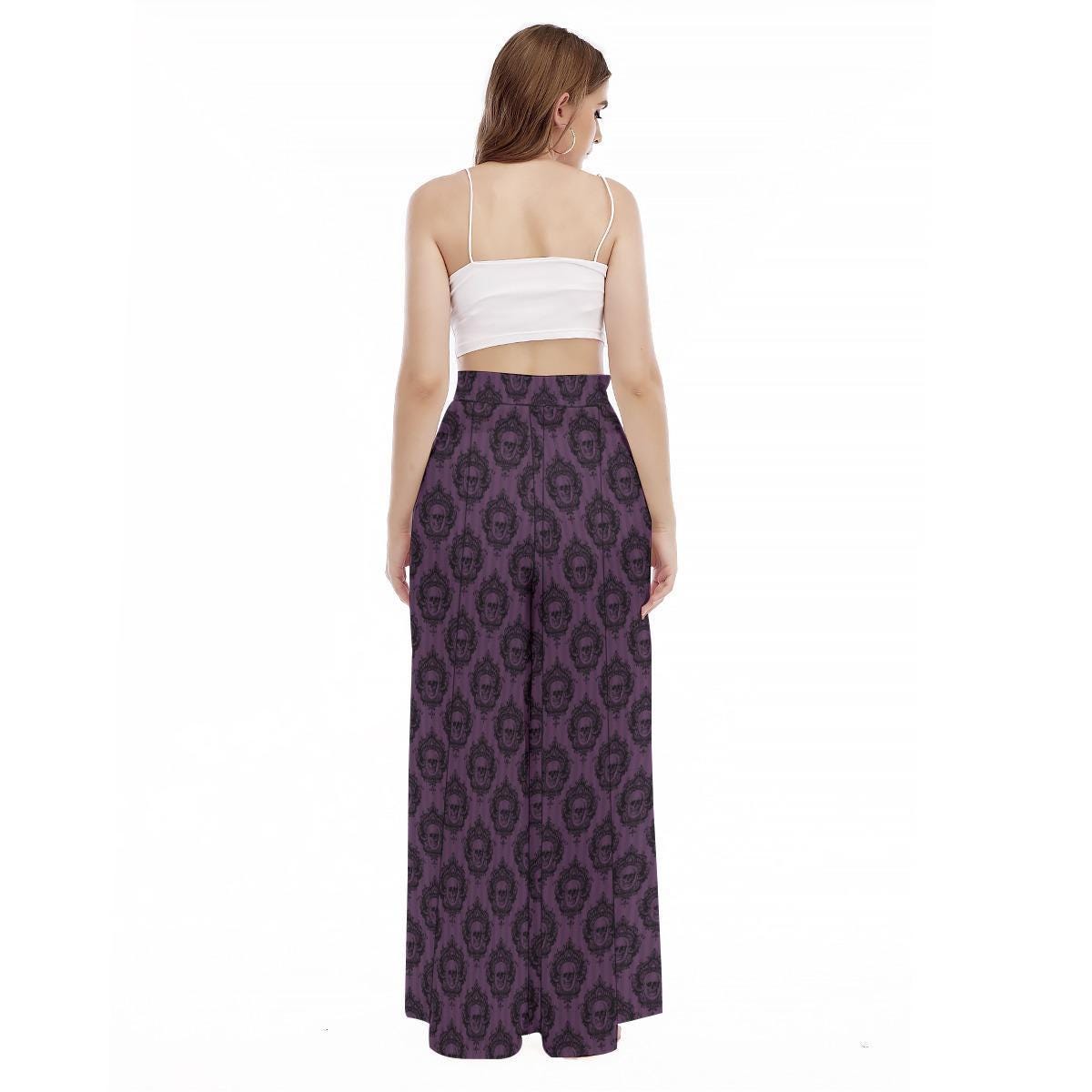 Purple Floral Skull Wide Leg Pants, Victorian Baroque Trousers, Dark Romantic Outfit Bottoms