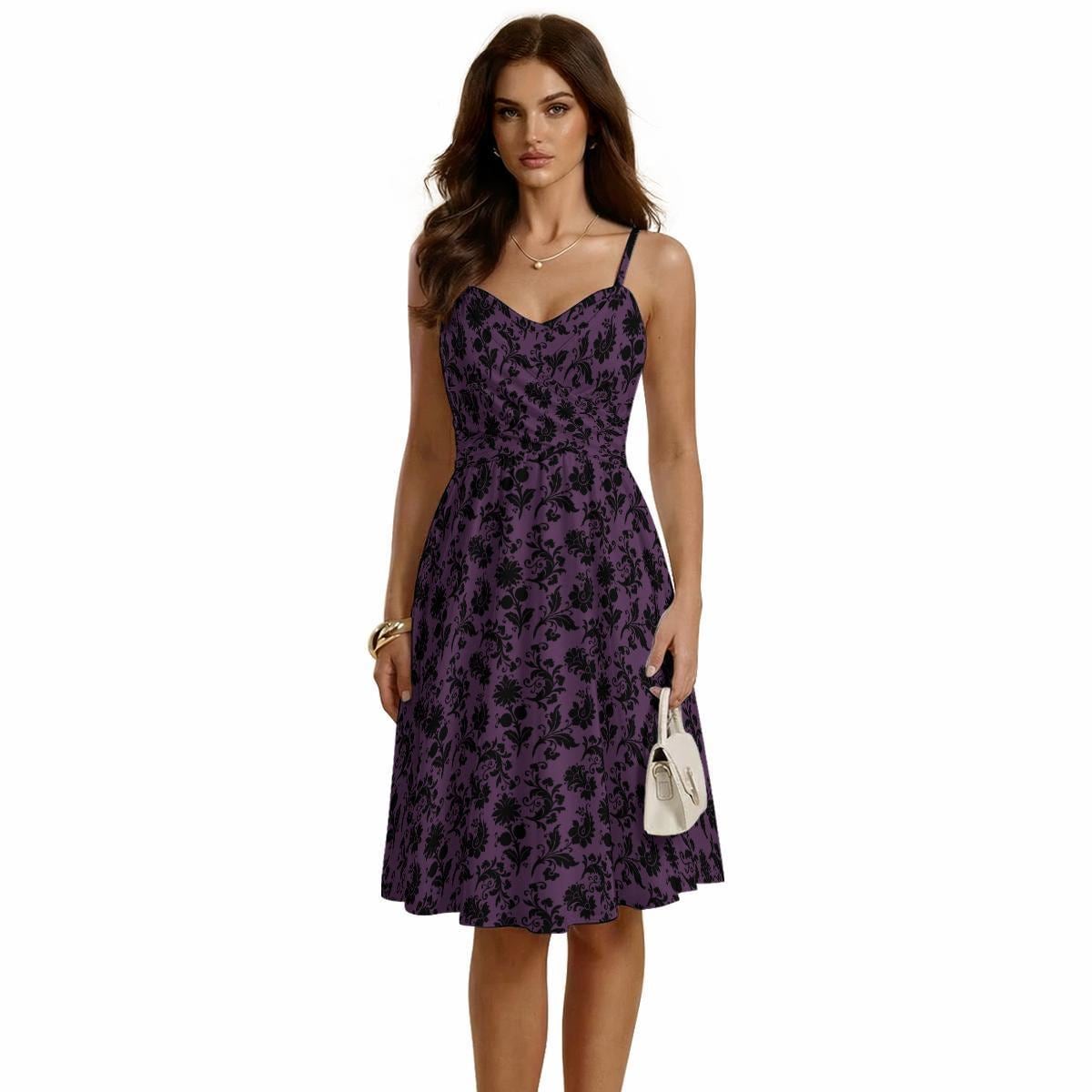 Purple Gothic Floral Midi Dress, Black Damask Fit and Flare Sundress