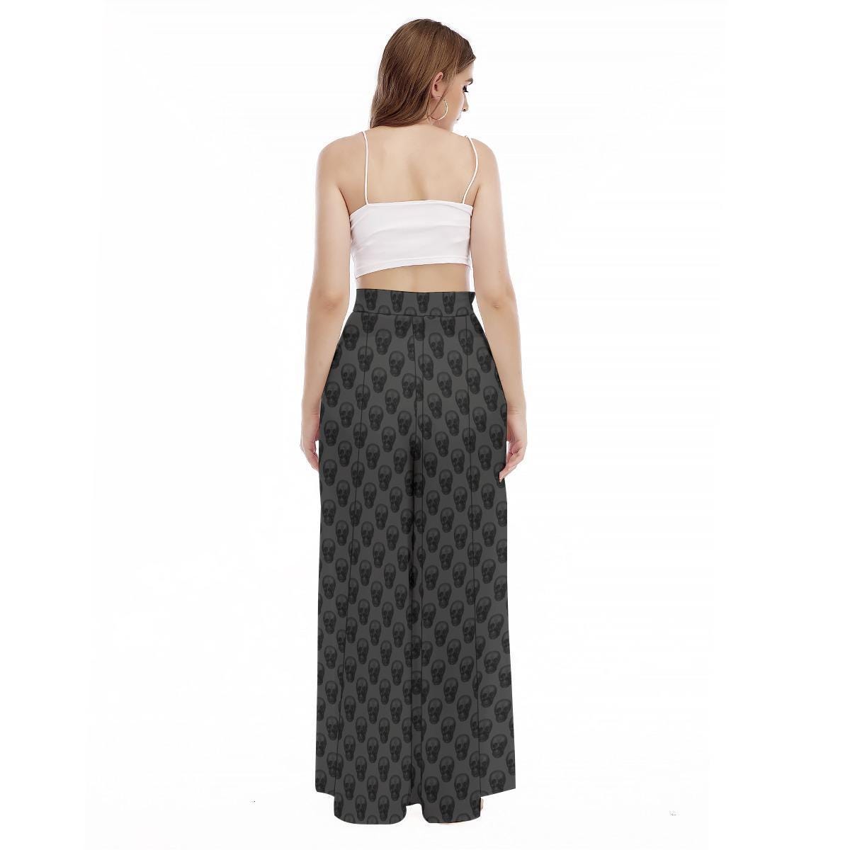 Goth Skull Print Wide Leg Pants, High Waist Trousers, Dark Bottoms