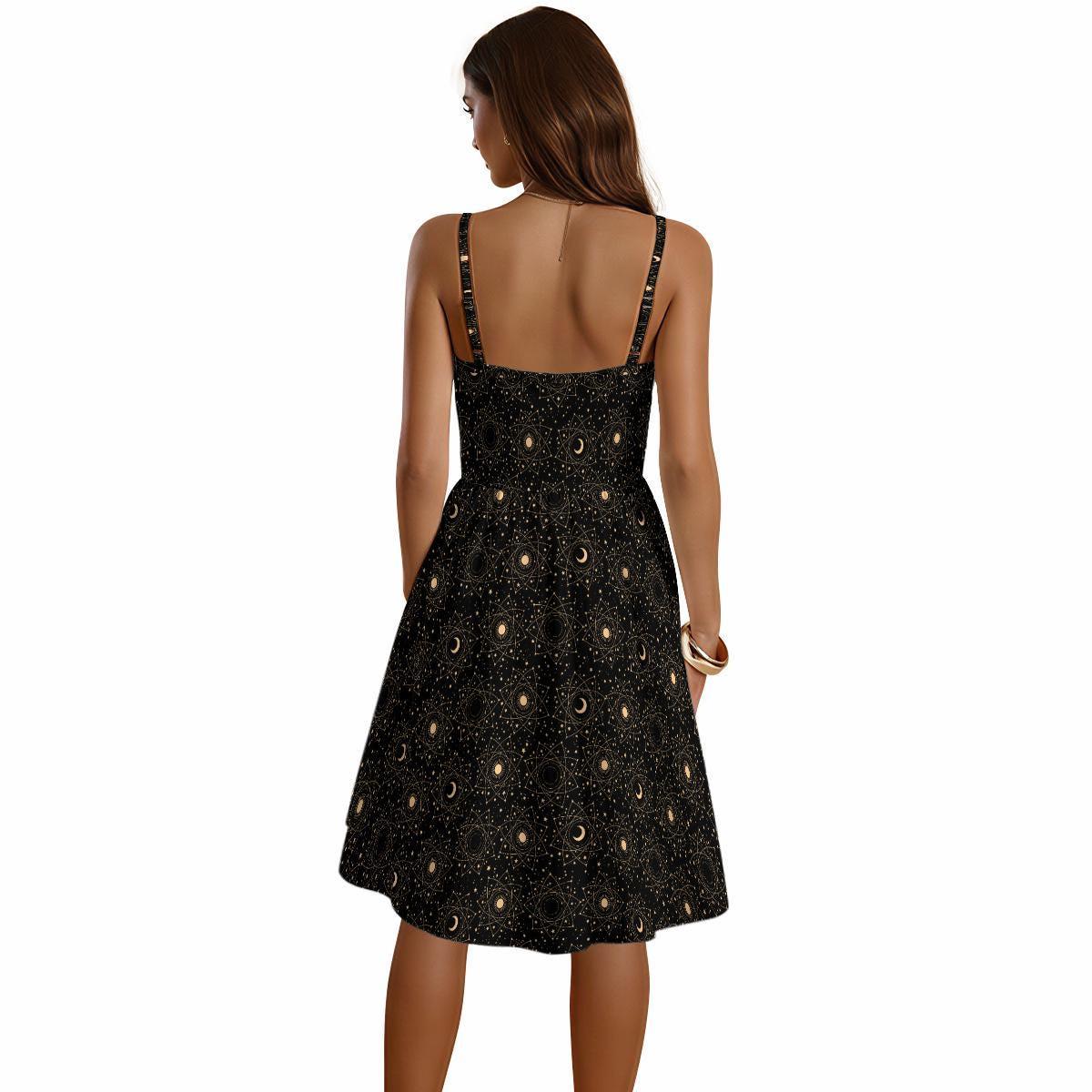 Celestial Moon Sundress, Black Astrology Midi Dress, Cosmic Star Print Fit and Flare