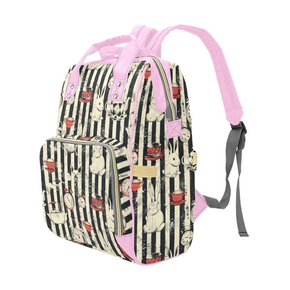 Pink Diaper Bag Backpack, Whimsical Tea Room Rabbit Print, Baby Travel Organizer
