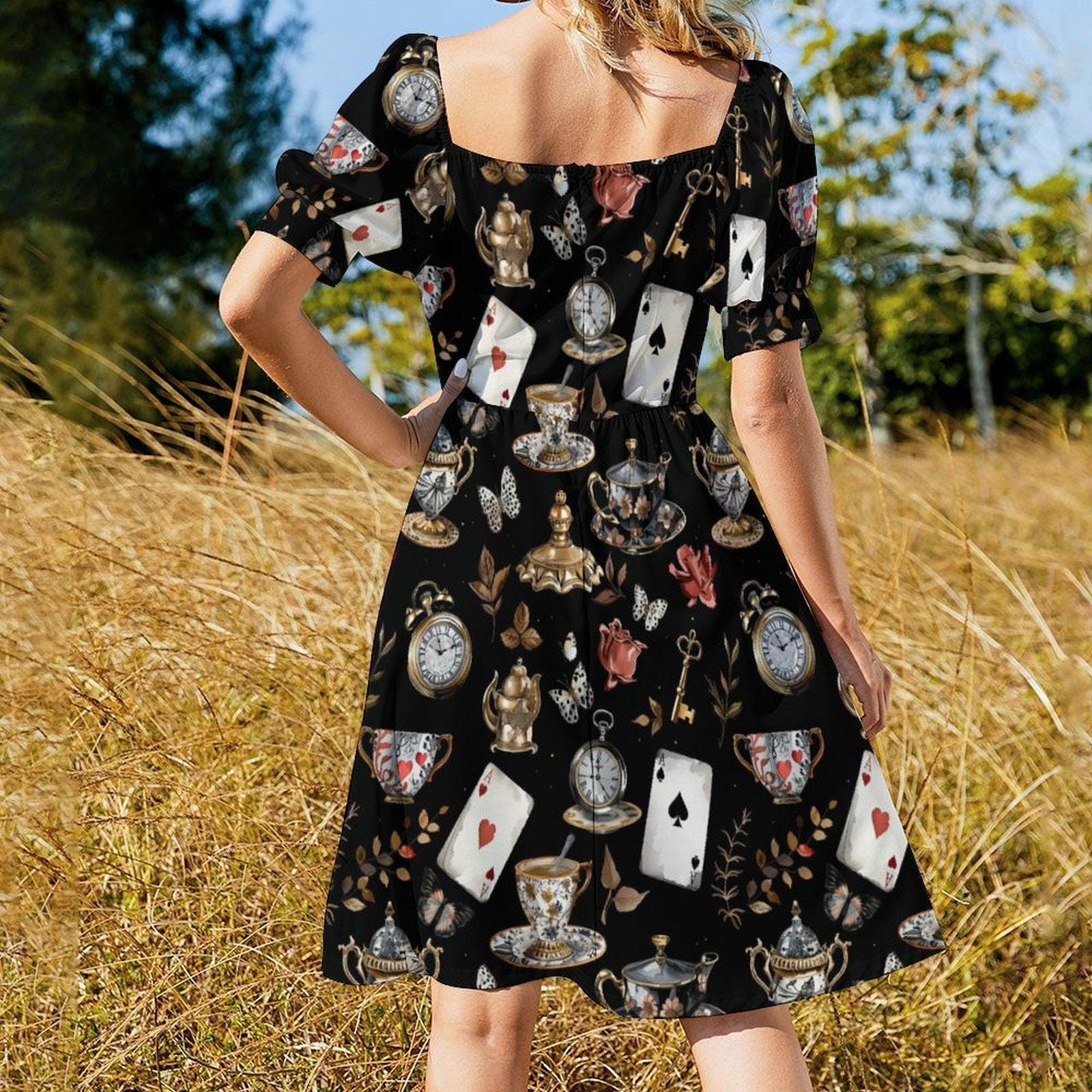 Storybook Tea Party Dress, Playing Card Clock Print, Sweetheart Puff Sleeve Brunch Outfit