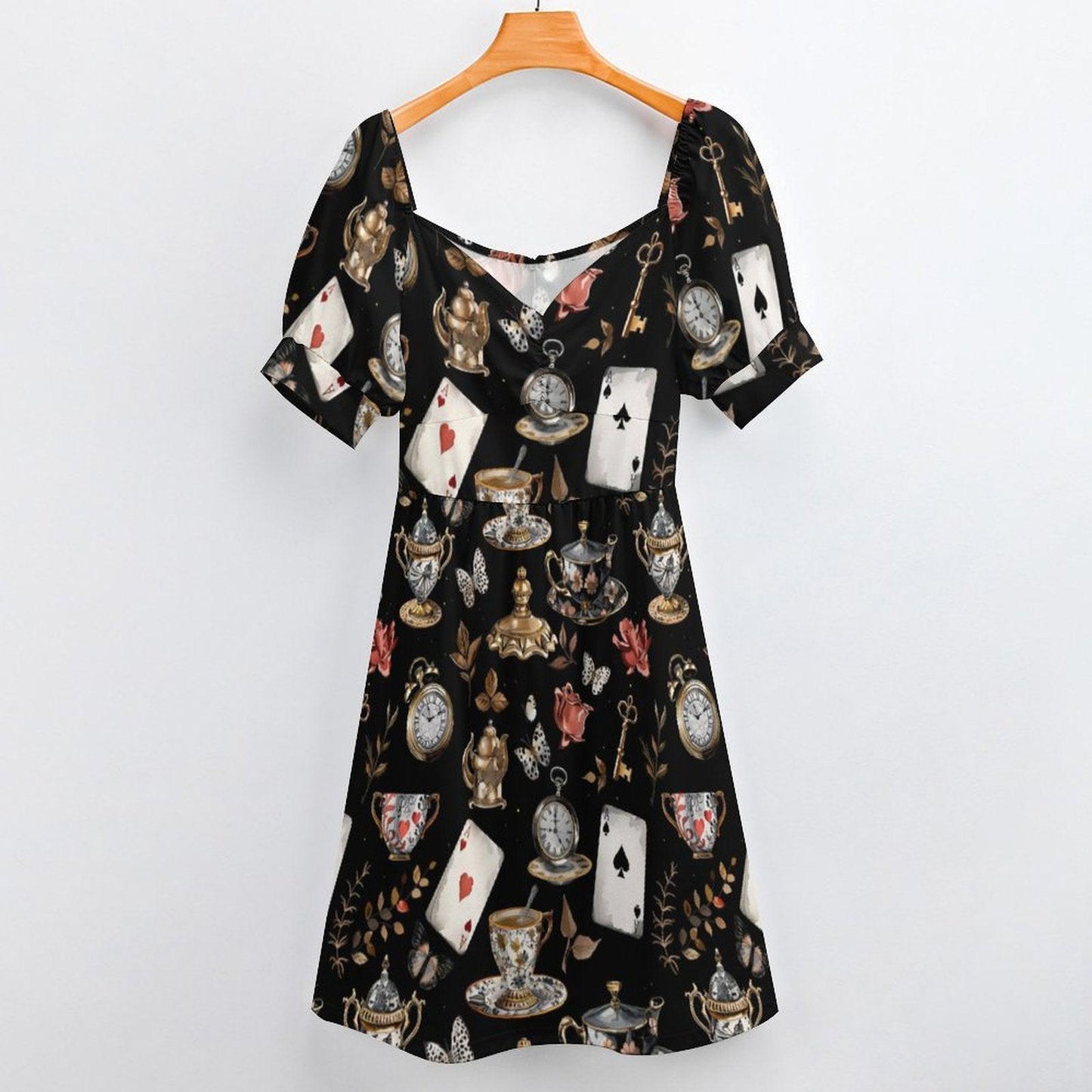 Storybook Tea Party Dress, Playing Card Clock Print, Sweetheart Puff Sleeve Brunch Outfit