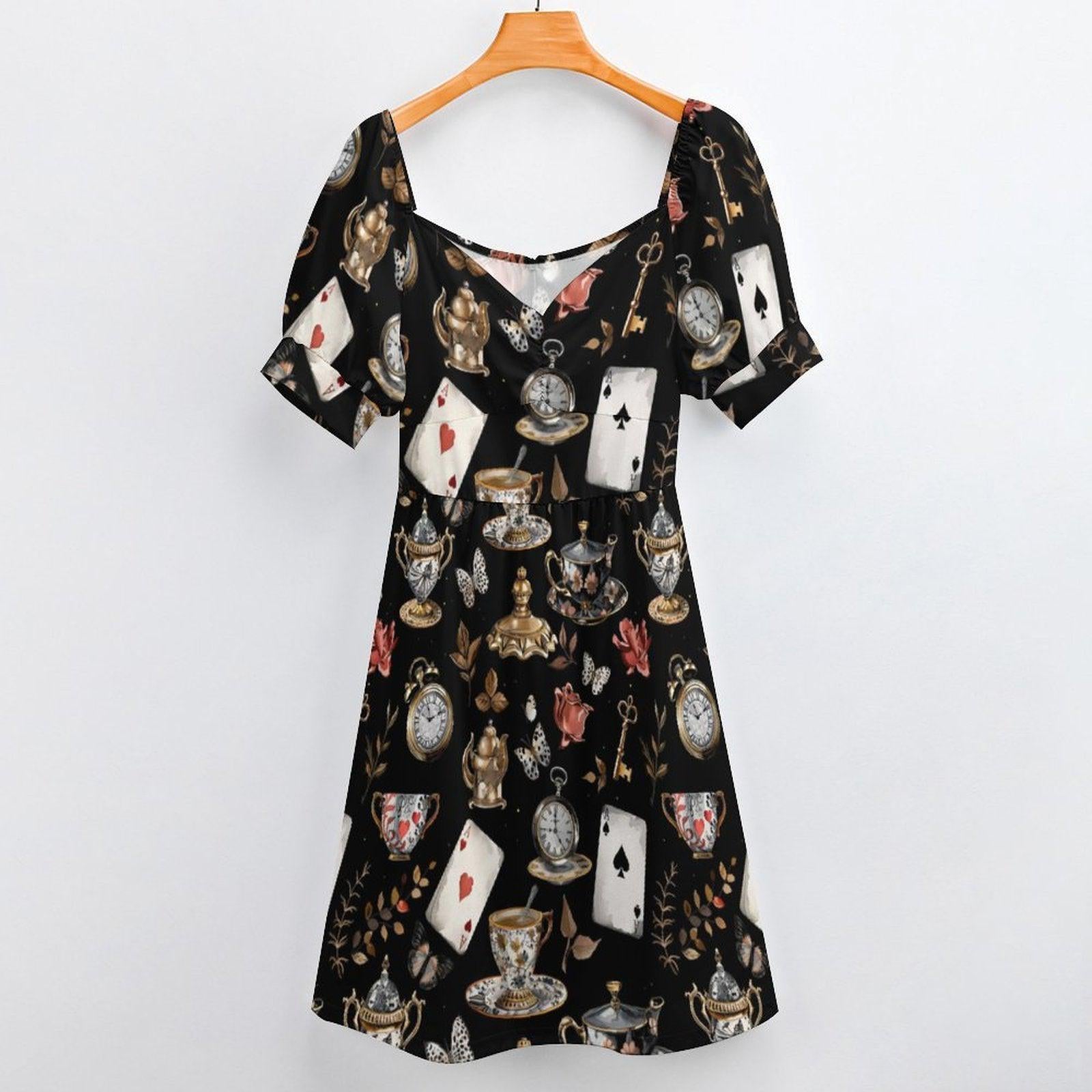 Storybook Tea Party Dress, Playing Card Clock Print, Sweetheart Puff Sleeve Brunch Outfit