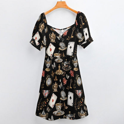 Storybook Tea Party Dress, Playing Card Clock Print, Sweetheart Puff Sleeve Brunch Outfit
