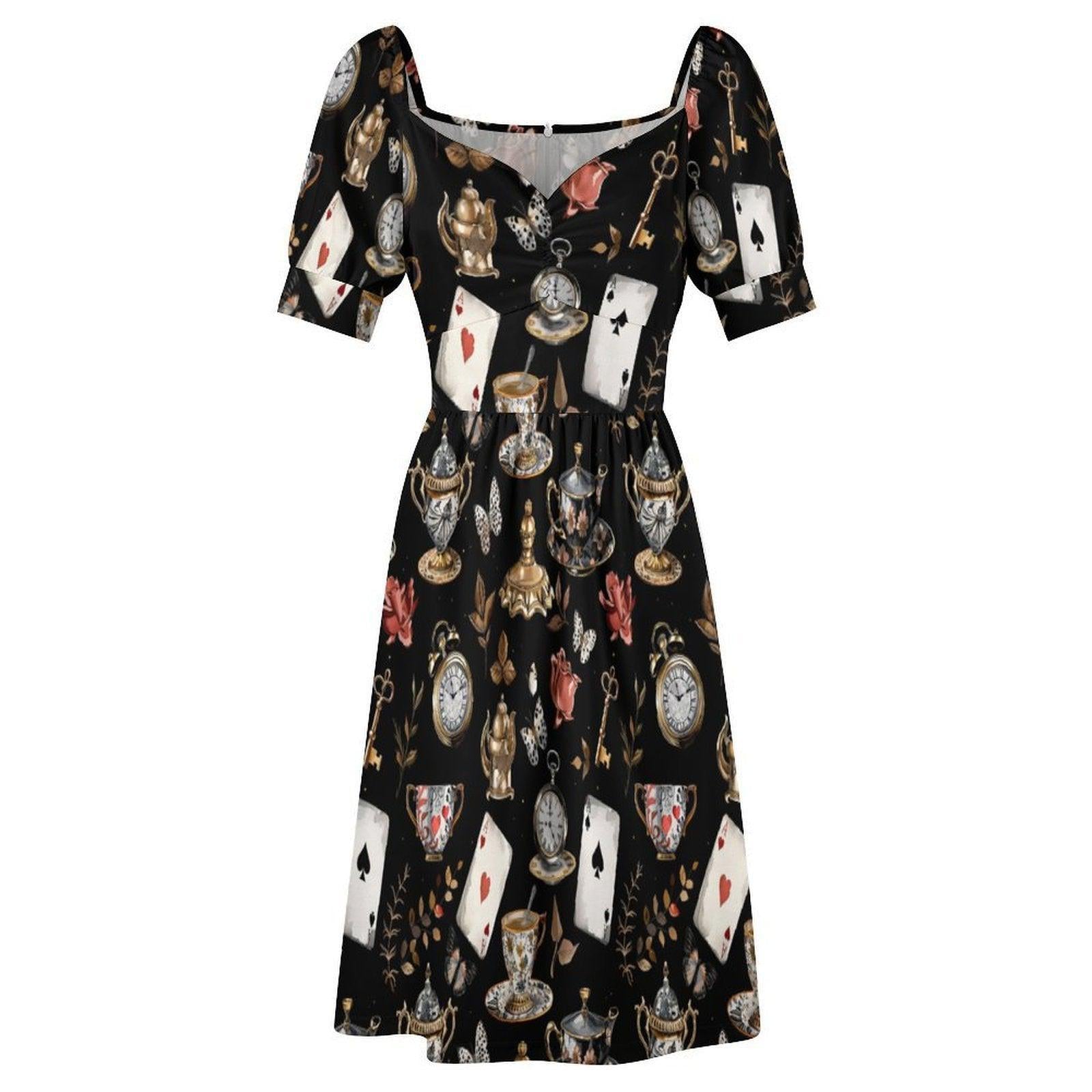 Storybook Tea Party Dress, Playing Card Clock Print, Sweetheart Puff Sleeve Brunch Outfit