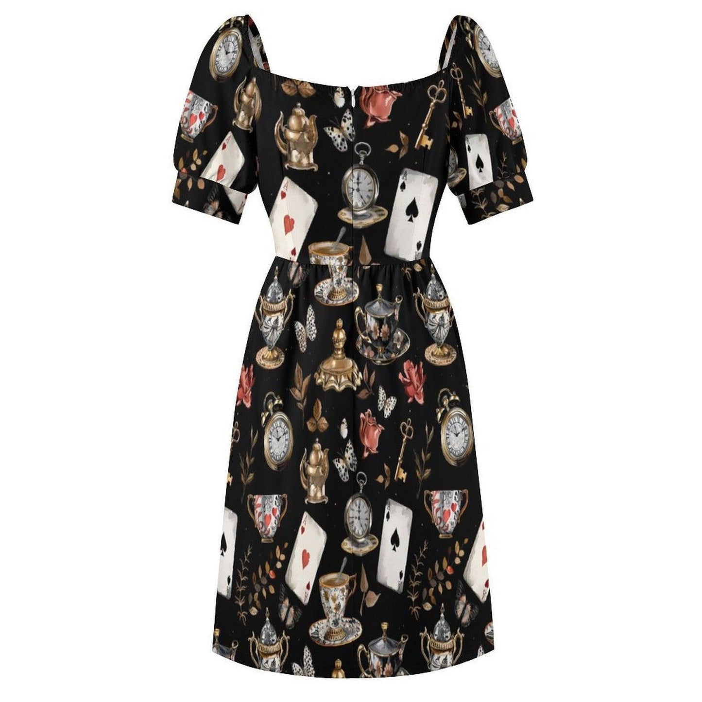 Storybook Tea Party Dress, Playing Card Clock Print, Sweetheart Puff Sleeve Brunch Outfit