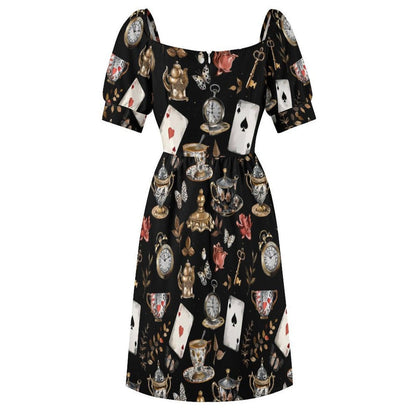 Storybook Tea Party Dress, Playing Card Clock Print, Sweetheart Puff Sleeve Brunch Outfit
