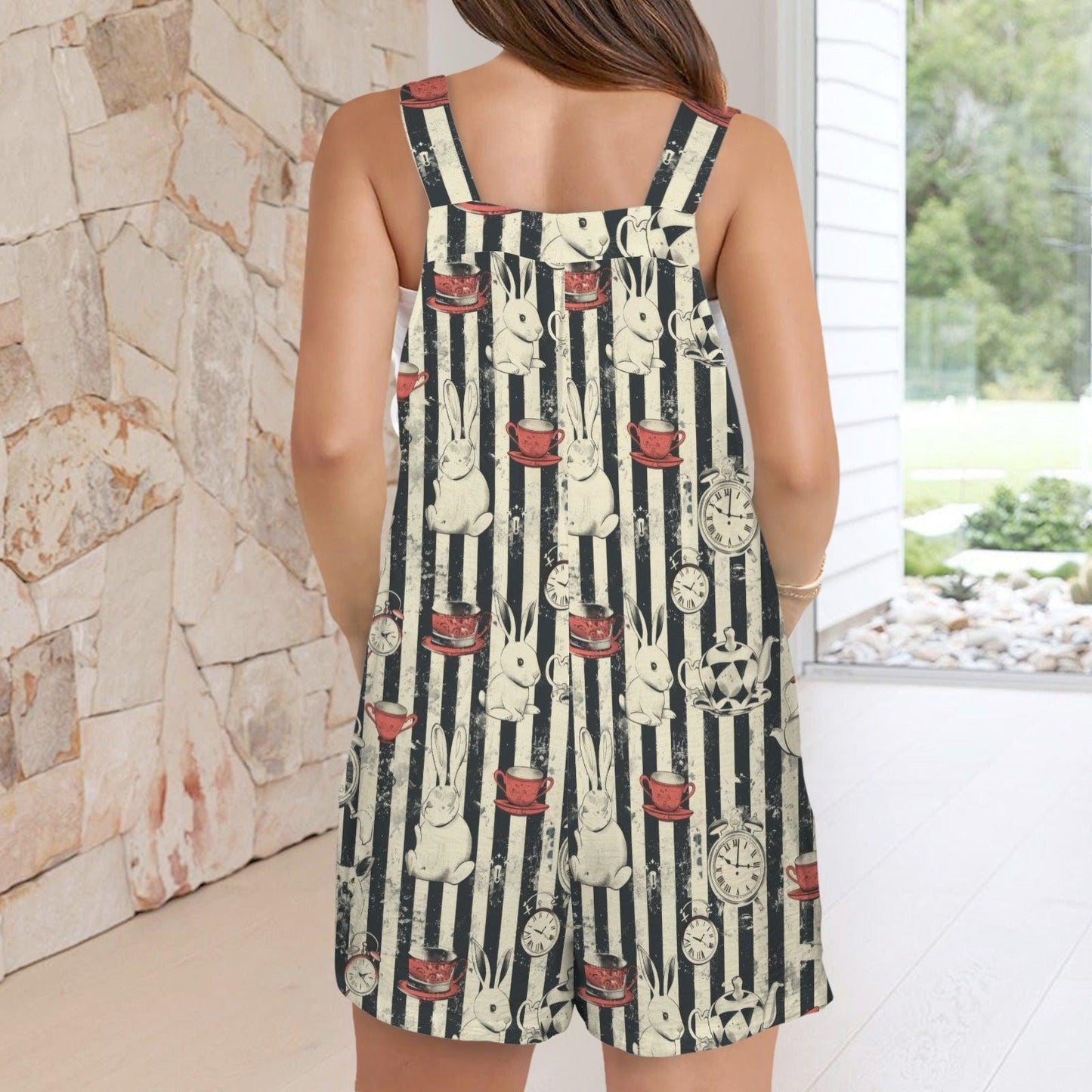 Women's Tea Party Overall Romper, Rabbit Clock Stripe Shortalls, Pockets, Summer Outfit