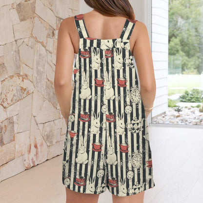 Women's Tea Party Overall Romper, Rabbit Clock Stripe Shortalls, Pockets, Summer Outfit