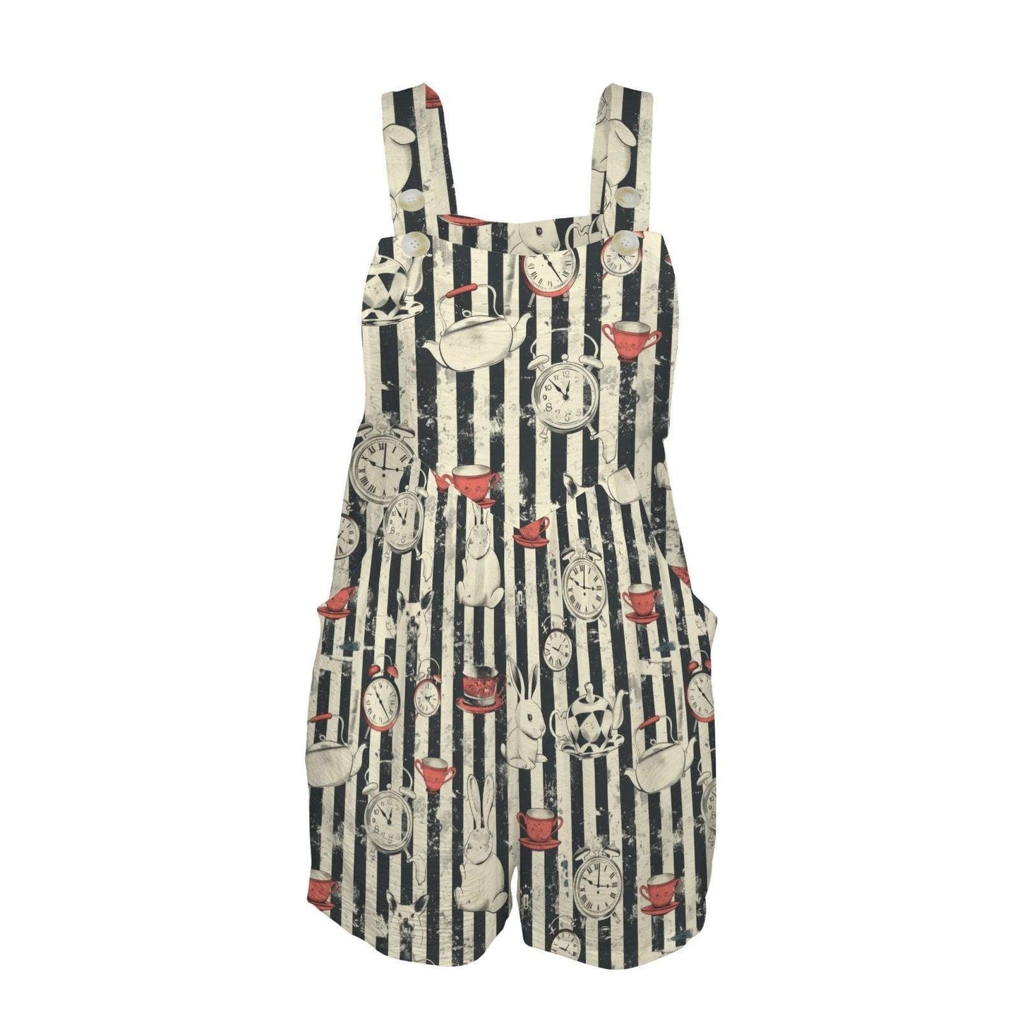 Women's Tea Party Overall Romper, Rabbit Clock Stripe Shortalls, Pockets, Summer Outfit