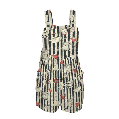 Women's Tea Party Overall Romper, Rabbit Clock Stripe Shortalls, Pockets, Summer Outfit