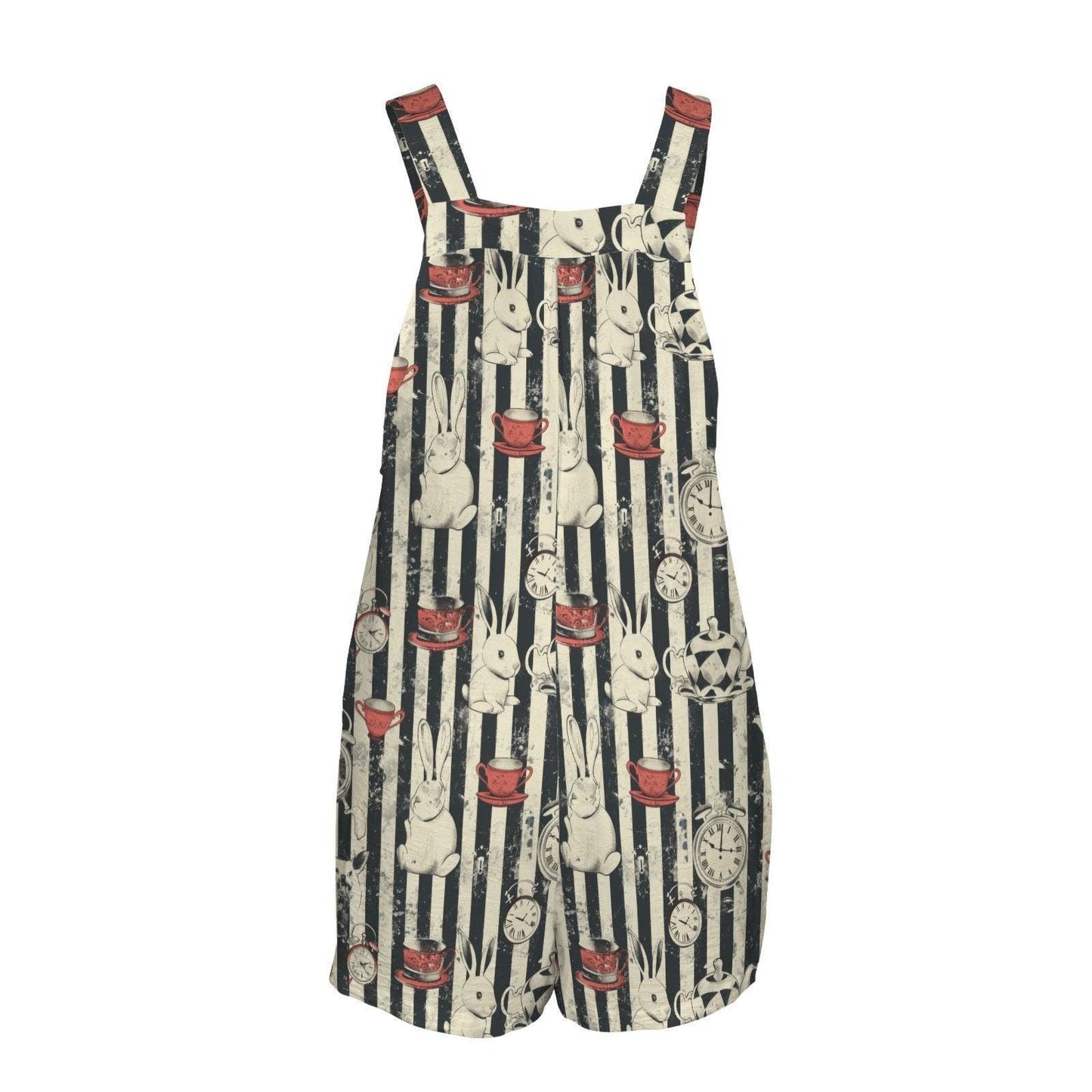Women's Tea Party Overall Romper, Rabbit Clock Stripe Shortalls, Pockets, Summer Outfit