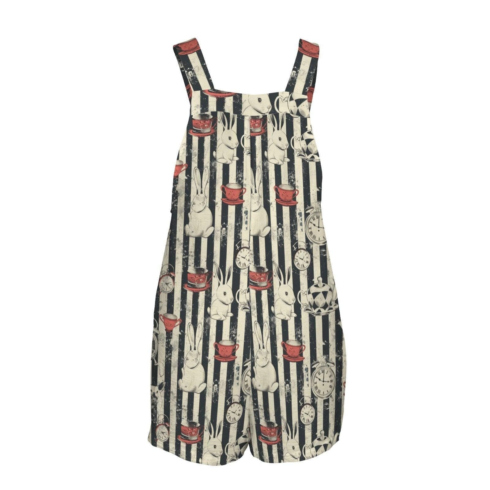 Women's Tea Party Overall Romper, Rabbit Clock Stripe Shortalls, Pockets, Summer Outfit