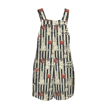 Women's Tea Party Overall Romper, Rabbit Clock Stripe Shortalls, Pockets, Summer Outfit