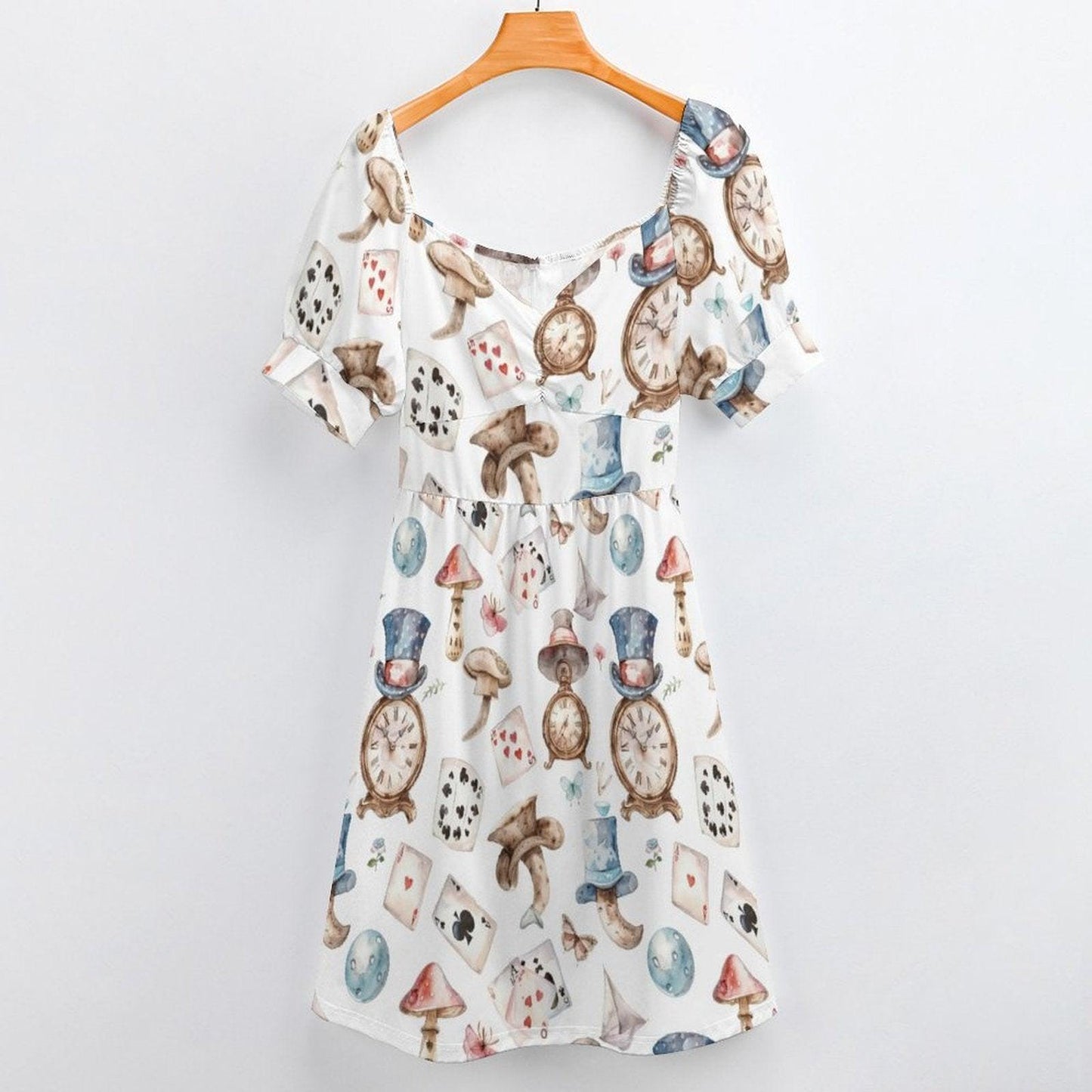 Whimsical Clock Mushroom Print Puff Sleeve Dress, Fairytale Fantasy Party Outfit