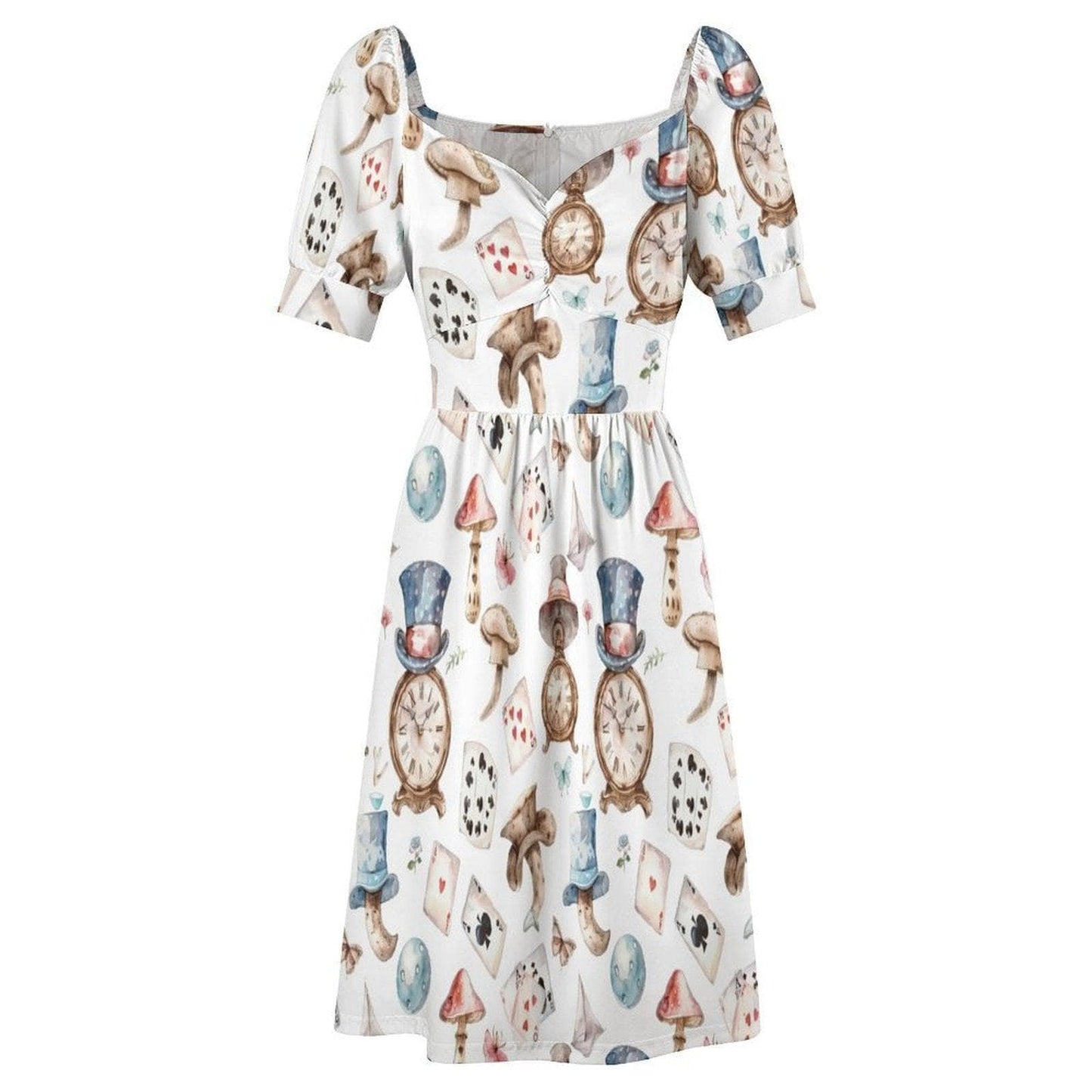 Whimsical Clock Mushroom Print Puff Sleeve Dress, Fairytale Fantasy Party Outfit