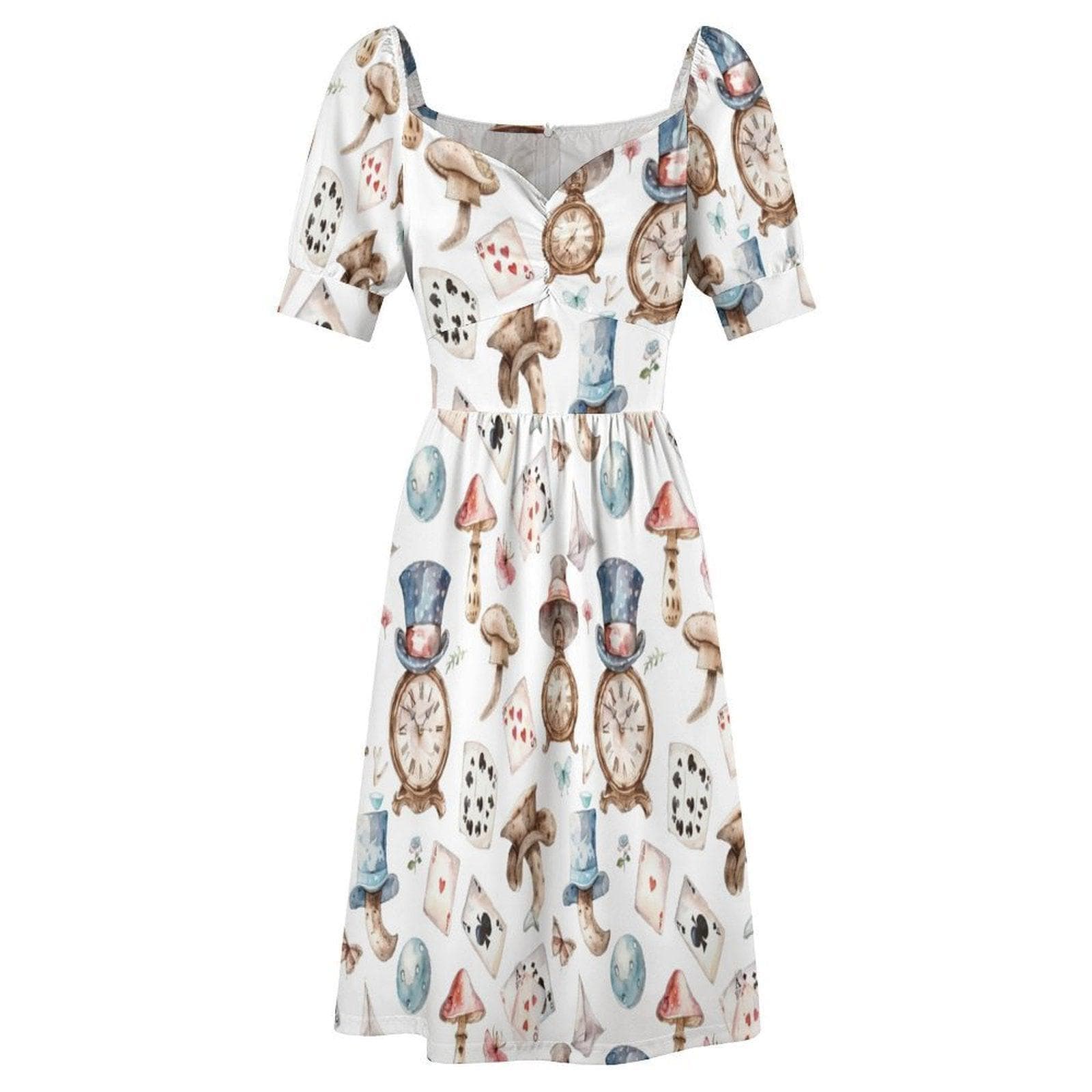 Whimsical Clock Mushroom Print Puff Sleeve Dress, Fairytale Fantasy Party Outfit