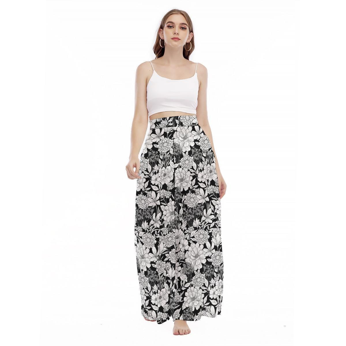 Black White Floral Palazzo Pants, Botanical Wide Leg Summer Trousers, Cottagecore Lounge Pants