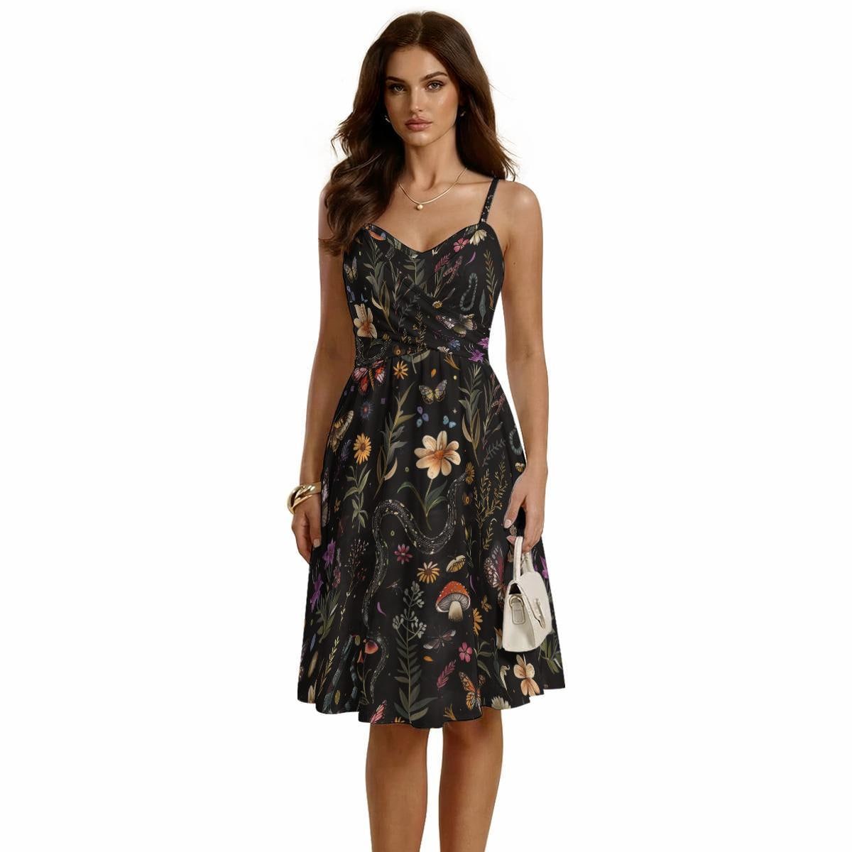 Dark Botanical Snake Floral Midi Dress, Witchy Mushroom Cottagecore Style