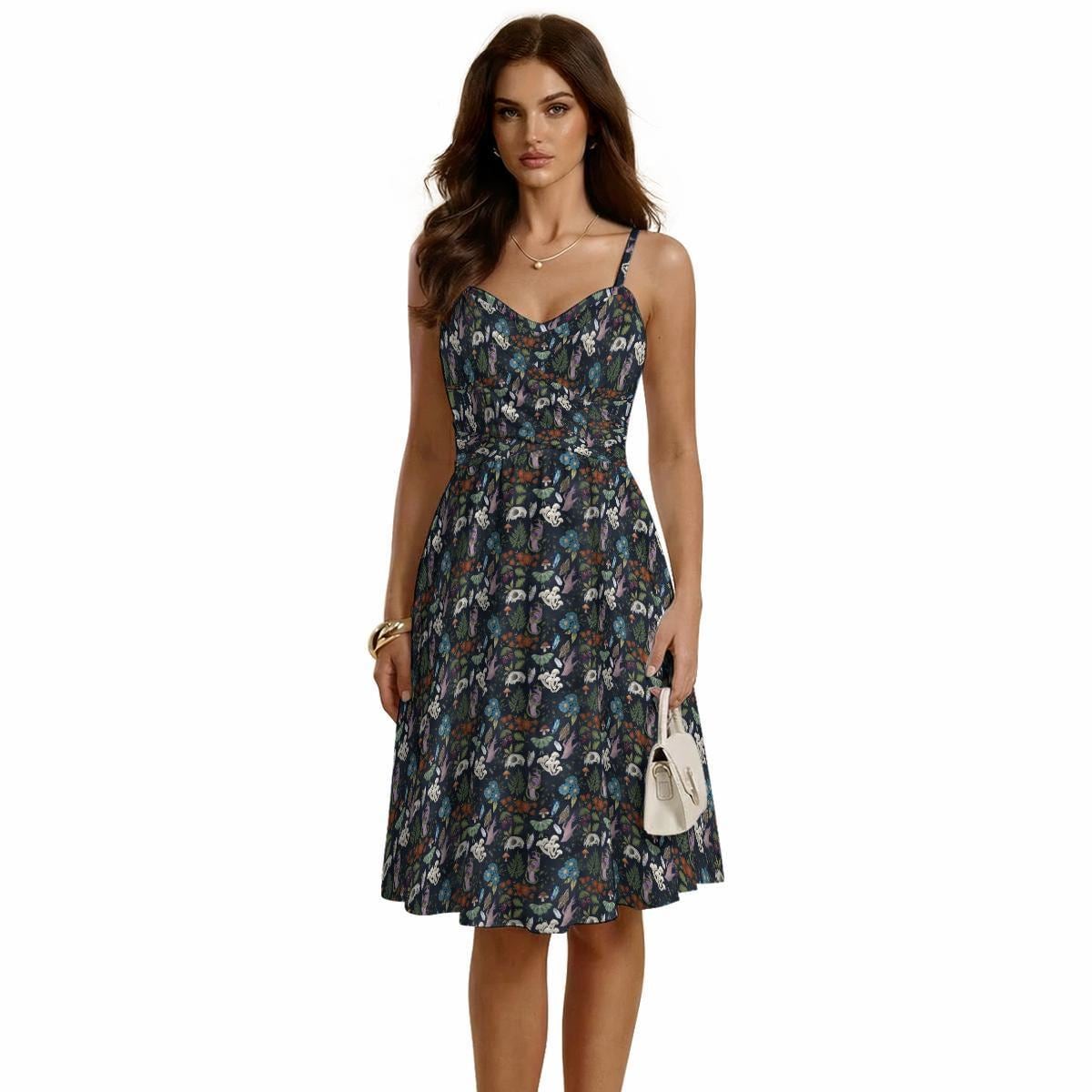 Woodland Mushroom Botanical Midi Dress, Dark Nature Fit and Flare Cottagecore Outfit