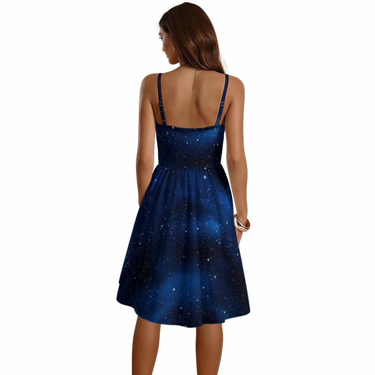 Navy Galaxy Print Fit and Flare Midi Dress, Starfield Sweetheart Neckline, Vacation Outfit