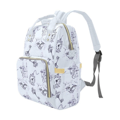 Pastel Diaper Bag Backpack, Whimsical Cat Clock Sketch Print, Baby Travel Bag
