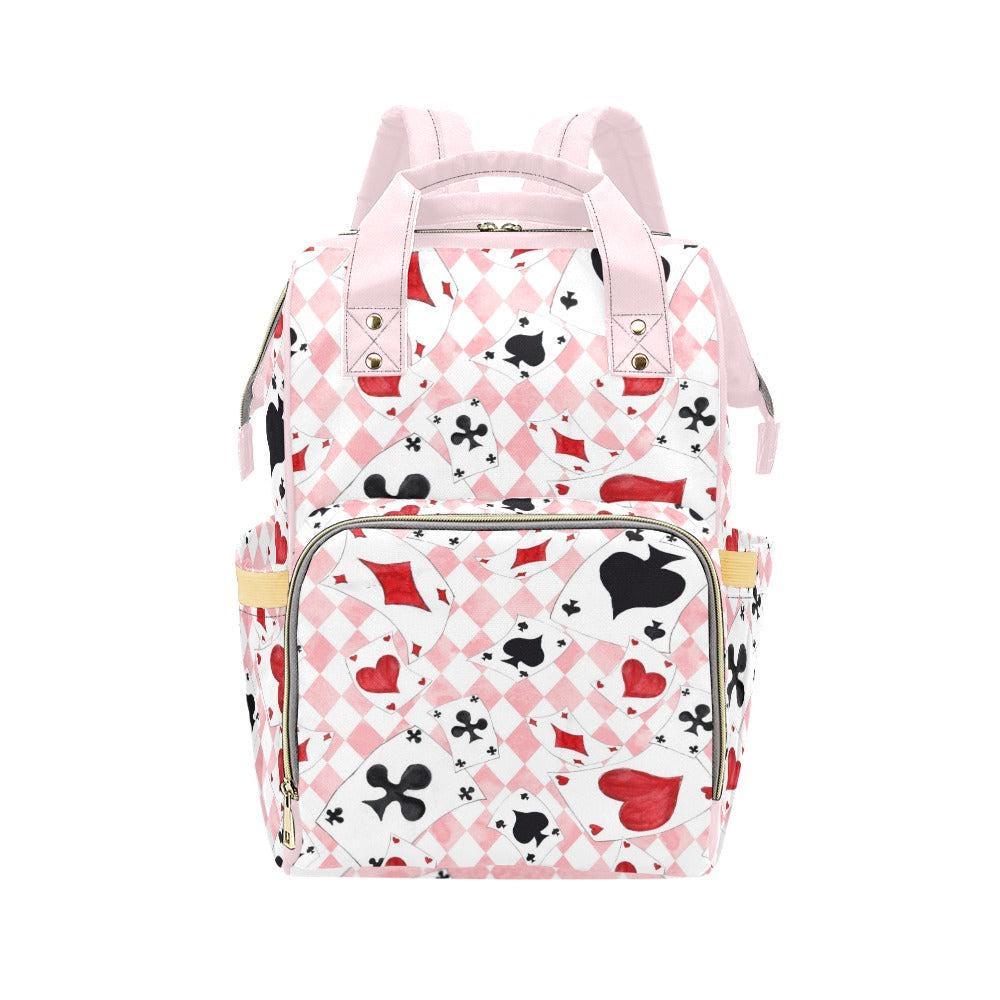 Pink Diaper Backpack, Card Print Baby Bag, Argyle Nursery Organizer, Heart Suit Travel Backpack