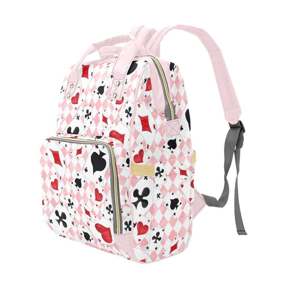 Pink Diaper Backpack, Card Print Baby Bag, Argyle Nursery Organizer, Heart Suit Travel Backpack