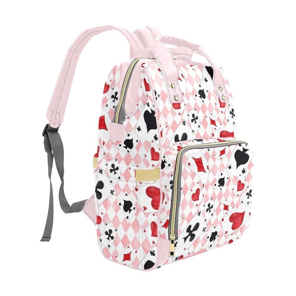Pink Diaper Backpack, Card Print Baby Bag, Argyle Nursery Organizer, Heart Suit Travel Backpack