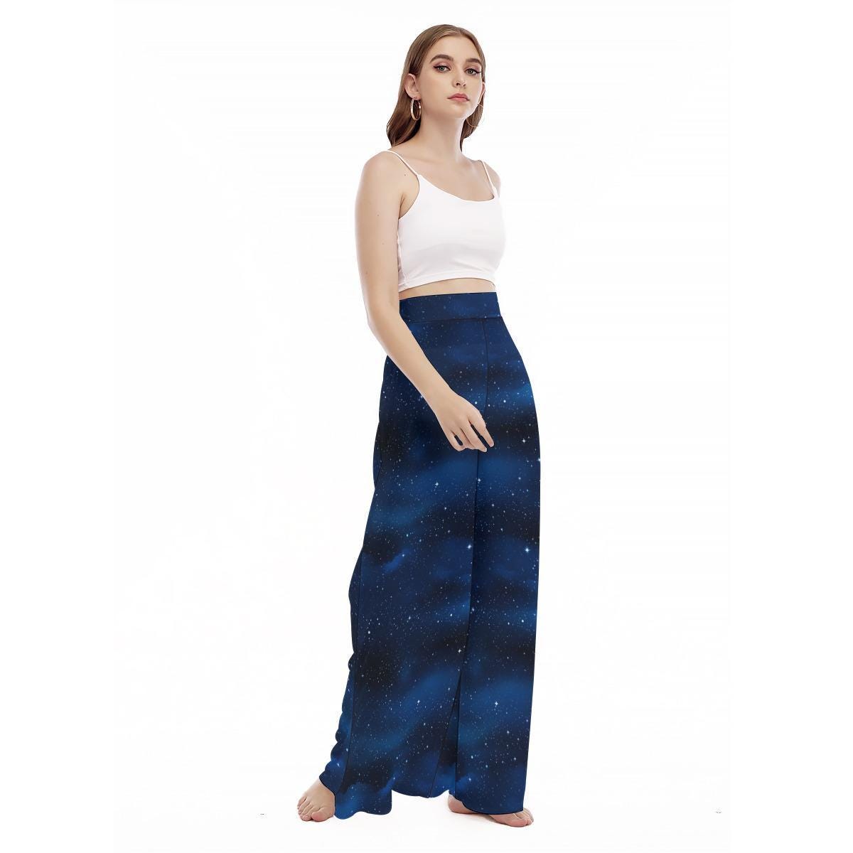 Galaxy Print Wide Leg Pants, Blue Nebula High Waist Trousers, Starry Sky Lounge Bottoms
