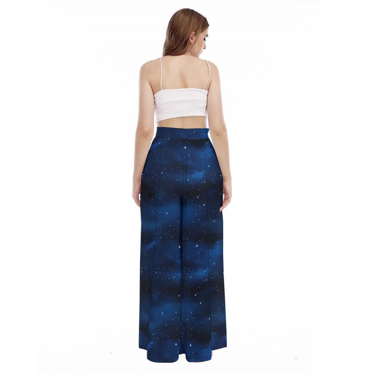 Galaxy Print Wide Leg Pants, Blue Nebula High Waist Trousers, Starry Sky Lounge Bottoms