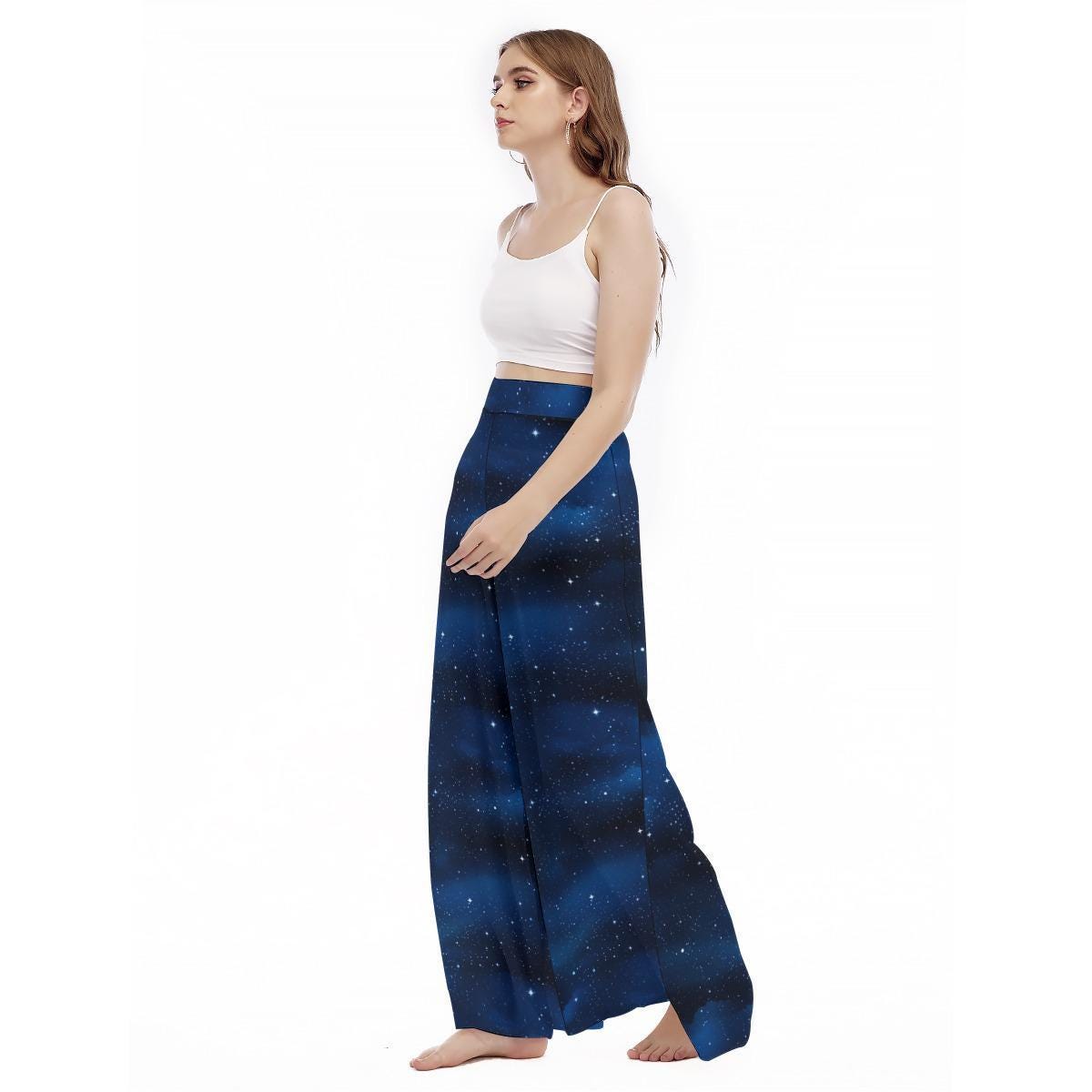 Galaxy Print Wide Leg Pants, Blue Nebula High Waist Trousers, Starry Sky Lounge Bottoms