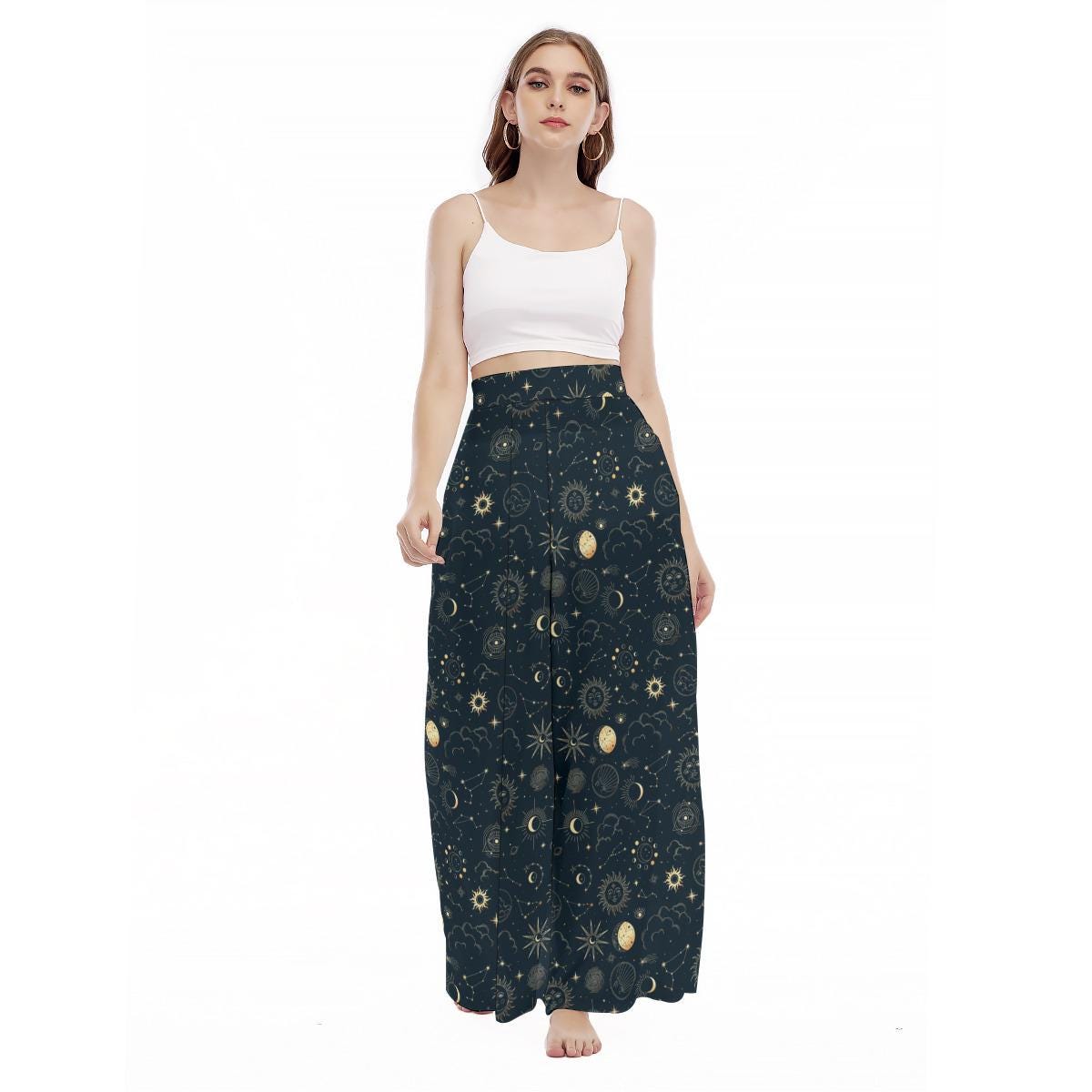 Navy Celestial Sun Moon Wide Leg Lounge Pants, Mystic Boho Trousers