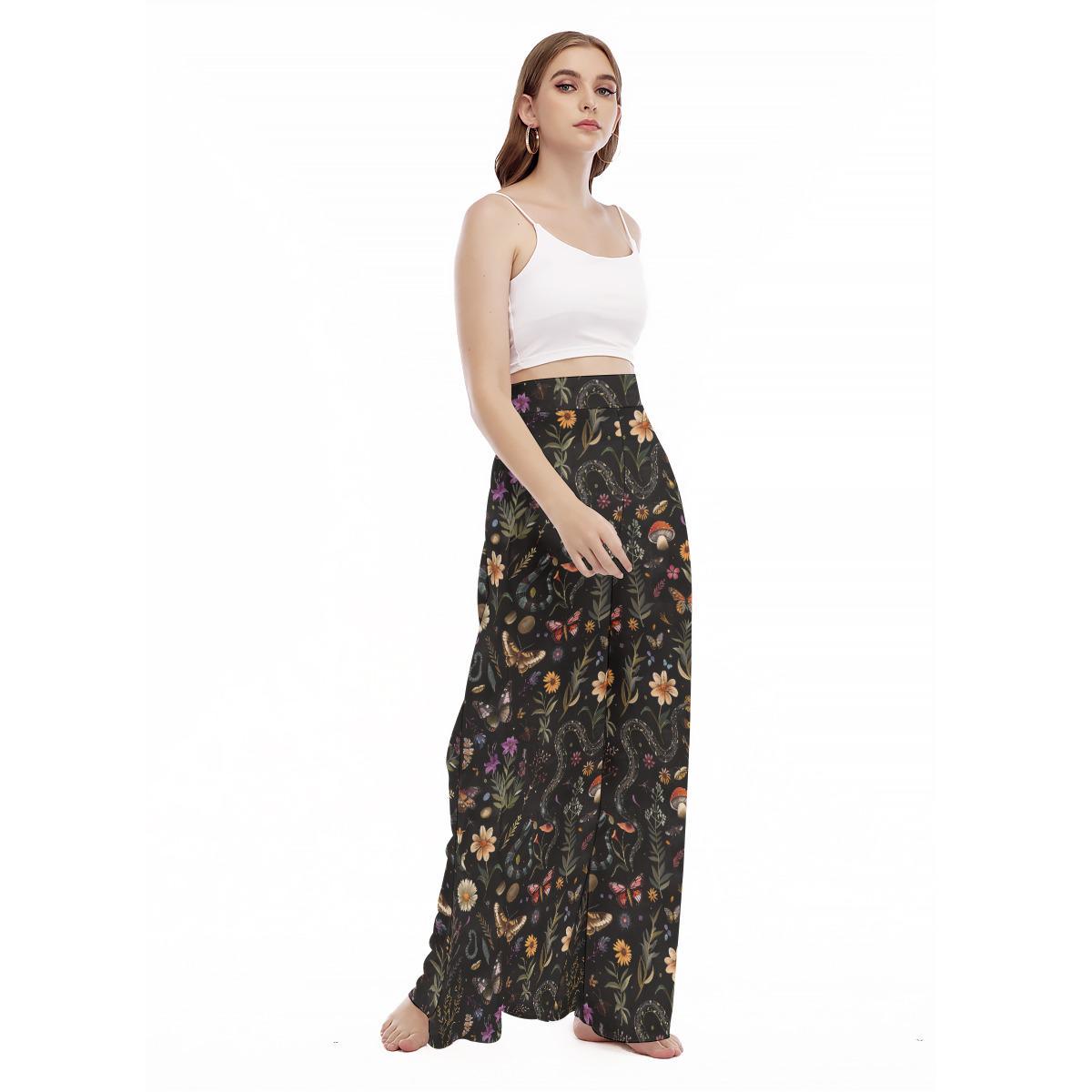 Dark Botanical Wide Leg Pants, Cottagecore Mushroom Butterfly Trousers