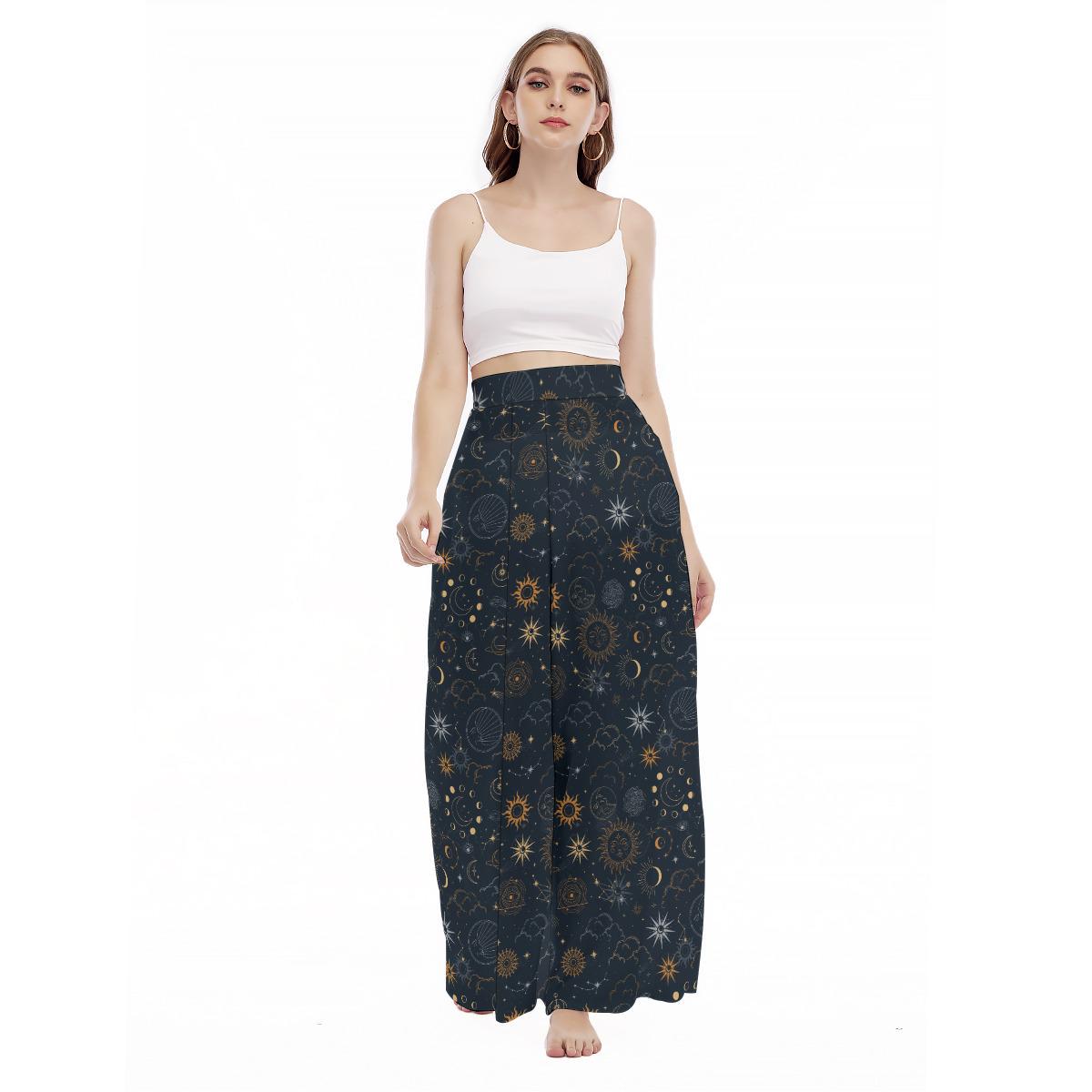 Celestial Wide Leg Lounge Pants, Astrology Moon Phase Trousers, Starry Resort Boho Bottoms