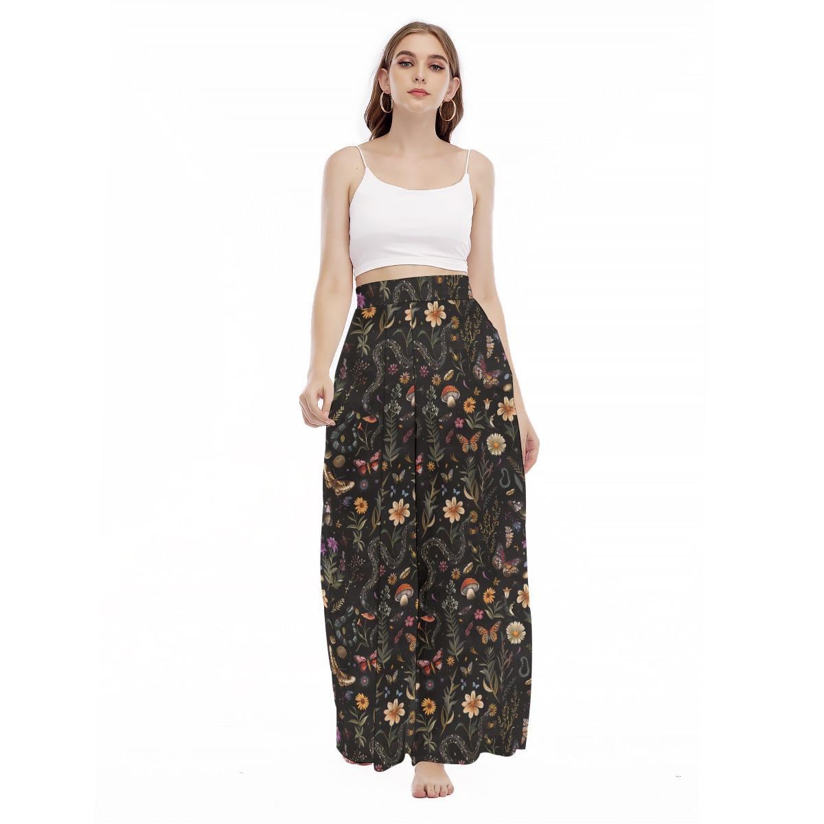 Dark Botanical Wide Leg Pants, Cottagecore Mushroom Butterfly Trousers